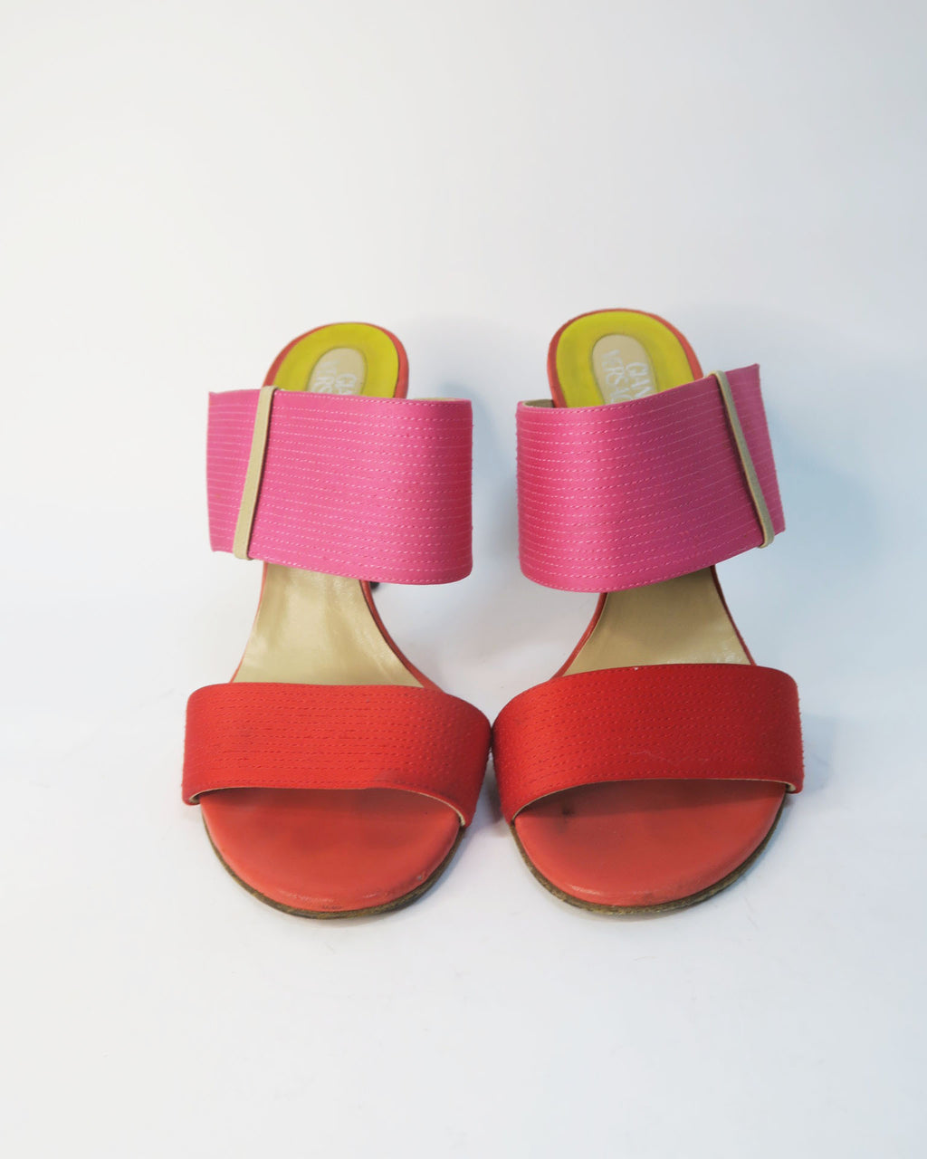 Gianni Versace Sandalias rosa rojo con tacon turquesa
